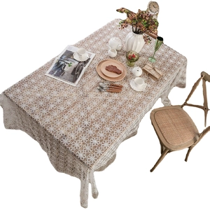 White lace tablecloth with floral embroidery and scalloped edges for vintage decor