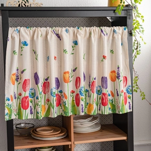 Landhausstil Cafe Vorhang mit Tulpendruck aus Baumwoll-Leinen für die Küchendekoration
