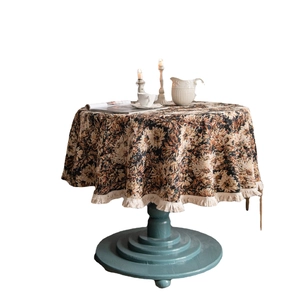Blue vintage floral jacquard round tablecloth with tassels and elegant thick fabric