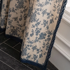 Vintage cotton linen curtain with blue floral prints and navy lace edges for windows