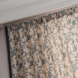Blue floral cotton linen curtains with vintage rose patterns and dark blue lace borders