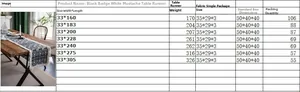 Detailed size chart for black geometric jacquard table runner with white tassels