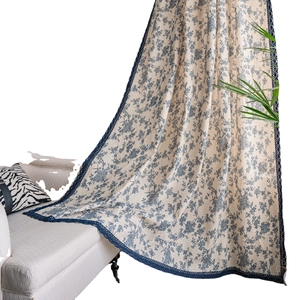 Country style linen curtains with blue rose floral print and delicate lace trim