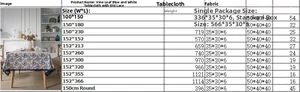 Detailed size chart for navy floral cotton linen tablecloth with lace trim options