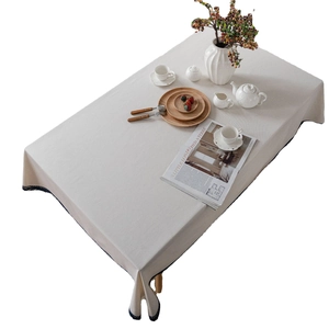 Minimalist cream cotton linen rectangular tablecloth with elegant lace border for home decor