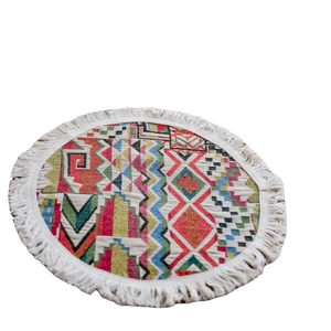 Bohemian round table runner with colorful geometric jacquard and cotton tassels