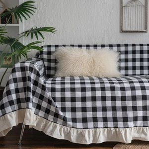 Pastoral Gingham Checkered Sofa Cover With Ruffled Edge Yarn Dyed Polyester Cotton Blend Decorative Furniture Protector