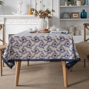 Floral cotton linen tablecloth with navy blue plum prints and crochet lace edges