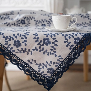 Linen table cloth with navy plum blossom floral print and delicate lace trim borders