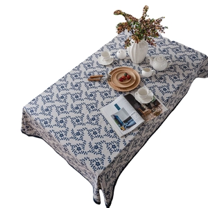 Linen cotton tablecloth with navy floral print and lace edge for dining table decor