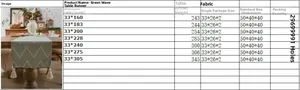 Size chart showing green wave table runner dimensions and fabric weight details