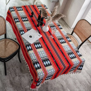Tovaglia in Misto Cotone e Lino Stile Etnico Boho Tovaglia Rettangolare con Motivi Geometrici e Nappe per Arredamento Casa