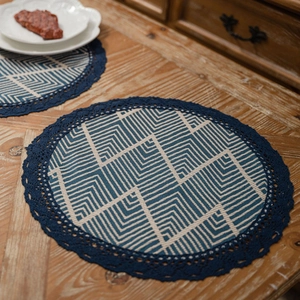 Nordic blue and white geometric round table mat with elegant navy crochet lace trim