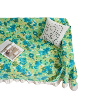 Abstract green watercolor sofa cover throw with elegant cream ruffled lace edge