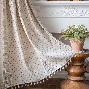 French vintage style cotton linen curtains with black floral pattern and tassel lace trim