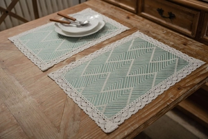 Detail of mint green geometric jacquard placemats with wide white lace border