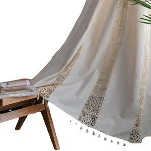 Bohemian cream cotton linen curtain with geometric crochet lace and elegant tassels