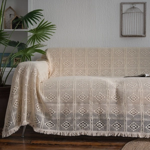 Vintage American Country Hollow Crochet Sofa Cover Throw Blanket With Tassels Geometric Knitted Furniture Protector For Living Room