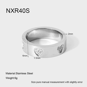 Detail showing 6mm stainless steel band width and heart zircon inlay measurements
