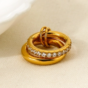 18K gold plated double layer stainless steel ring with micro-pave white cubic zirconia stones