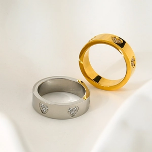 Polished 18K gold and silver stainless steel rings with heart-shaped zircon stones