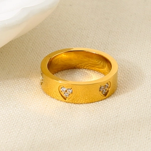18K gold plated stainless steel ring with heart-shaped zircon stones for women