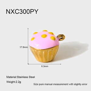 Detail view of cupcake pendant in pink enamel and gold steel with size dimensions