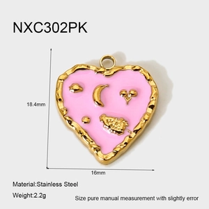 Detailed size view of a pink enamel heart pendant with stainless steel moon and star relief