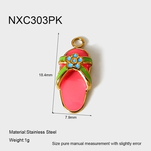 Detailed view of 18k gold plated flip-flop pendant with dimensions 18.4mm by 7.9mm