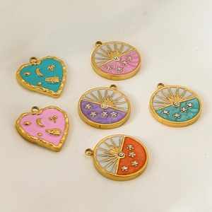 DIY 18k gold plated stainless steel enamel heart and round pendants with crystals