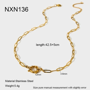 Detail view of 18K gold plated stainless steel paperclip chain necklace with size specs
