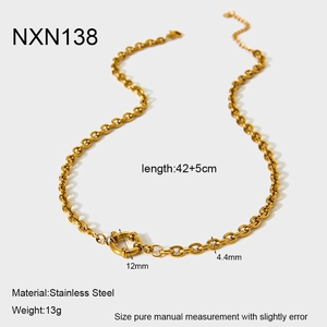 Detail view of 18K gold plated stainless steel cable chain necklace with spring ring clasp