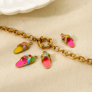 18K gold plated stainless steel chain with colorful floral flip-flop enamel pendants