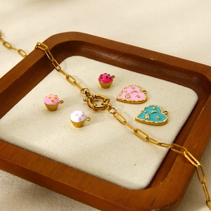 18K gold-plated stainless steel chain necklace with colorful enamel cupcake and heart charms