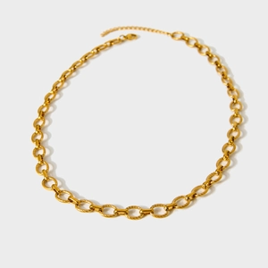 Collier gourmette en acier inoxydable plaqué or 18 carats avec maillons ovales texturés