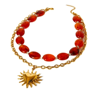 Double-layer 18K gold plated stainless steel necklace with sun heart pendant and orange beads