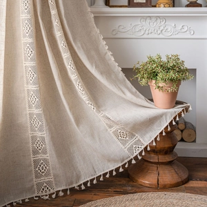 American Style Polyester Linen Look Curtain With Tassels And Hollow Out Crochet Lace For Kitchen Dining Room Home Decor