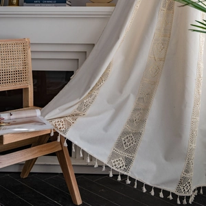 American Style Polyester Semi Shading Tassel Curtain Bohemian Hollow Crochet Patchwork Window Treatment For Kitchen Dining Room