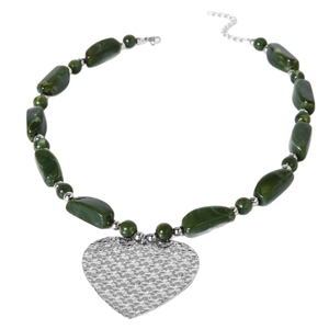 Green emerald acrylic beaded necklace with large silver heart-shaped stainless steel pendant