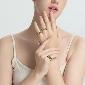 Luxury Stainless Steel Colorful Zirconia Double Layer Ring 18K Gold Plated Interlocking Finger Ring Waterproof Jewelry For Women