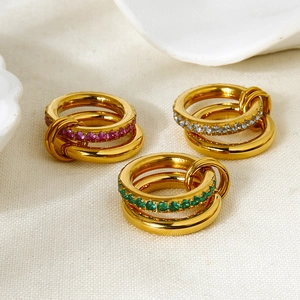 Double-layer stainless steel ring with 18K gold plating and colorful zircon stones