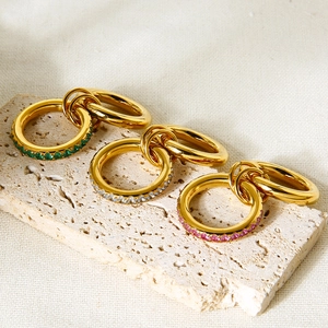 Double layered 18K gold plated stainless steel rings with colorful zircon inlays