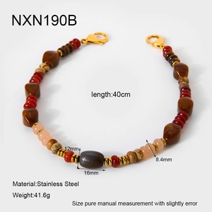 Detail view of 40cm stainless steel necklace with multi-stone beads and tiger eye gems