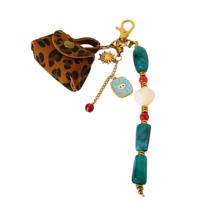 Porte-clés en acier doré avec œil maléfique, mini sac léopard et perles colorées