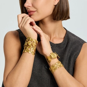 18K gold plated ginkgo leaf and daisy flower open cuff bracelet set for women