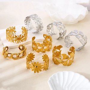 Stainless Steel Ginkgo Leaf Flower Butterfly Hollow Bangle For Women Waterproof Gold Plated Open Cuff Jewelry Accessory
