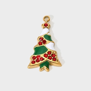 Christmas tree pendant in 18K gold plated stainless steel with green enamel and red crystals