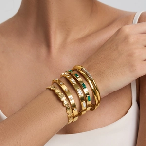 Light Luxury Geometric Zirconia Stainless Steel Bangle For Women 18K Gold Plated Waterproof Stackable Jewelry Accessory