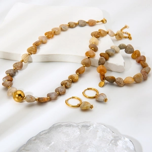 Bohemian gold stainless steel jewelry set featuring agate heart stones and beads