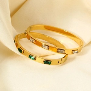 18K gold plated stainless steel bangles with emerald and clear zircon stones